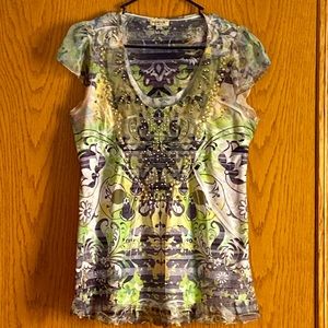 One World Tan & Green Beaded Scoop Neck Blouse